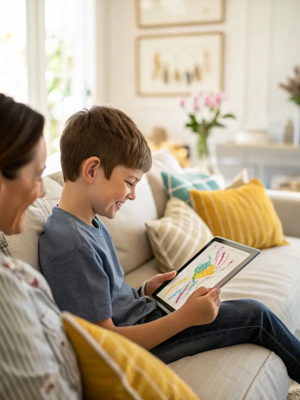A split-screen image showing a child's face lit up with joy while interacting with a virtual birthday card on a tablet, emphasizing the emotional connection.
